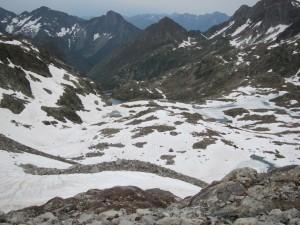 Looking down on Lac du Millieu, Lac des Isclots and Lac de Caillauas