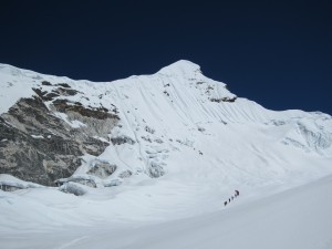 Looking back at the route across the glacier and up the Island Peak Headwall