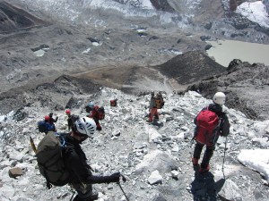 Looking down on the Imja Glacier and Imja Tsho during the Island Peak descent